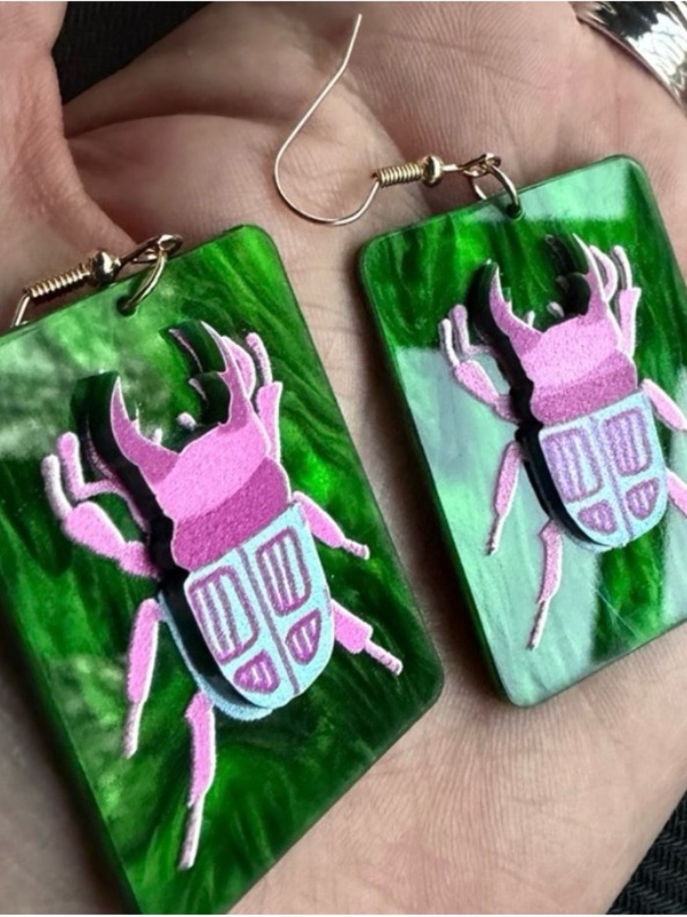 Modcloth Green Earrings with Pink Beetle Motif - Picture 3 of 3